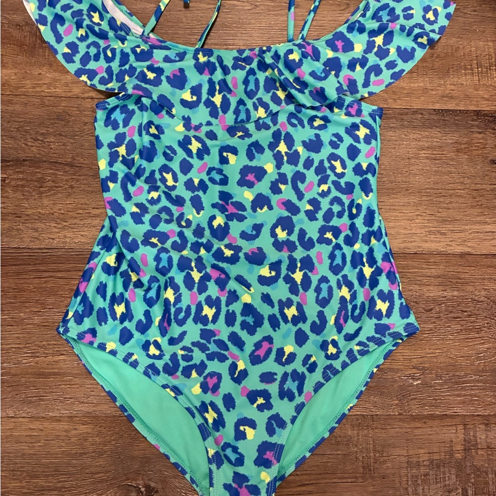 Vibrant Blue Leopard Kids Swim One Piece
